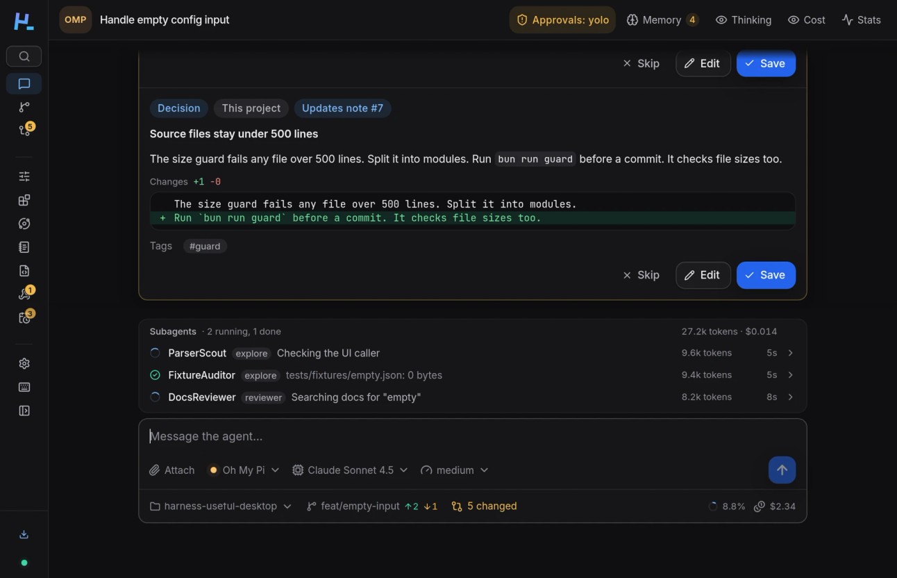 Current Harness Desktop chat: the top bar with Approvals, Memory, Thinking, Cost and Stats, a proposed memory note with Skip, Edit and Save, and three subagents running live